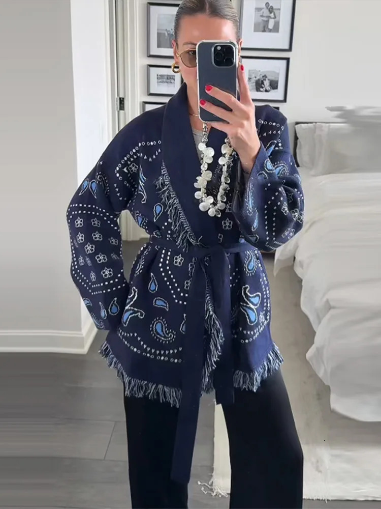 Tassel Patchwork Printed Cardigan Women Geometric Patterns Belts Vneck Long Sleeve Knitted Street Lady Sweater 2025 Autumn Coat250905