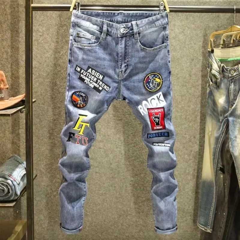 Autumn and Spring Printed Straight Leg Vintage Sports Denim Pants for Men Casual Comfortable High Quality Elastic Denim Pants W250905