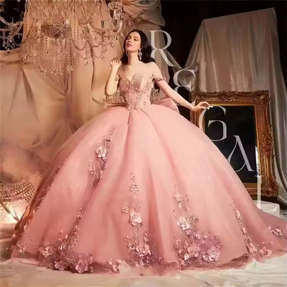 Ball Gown Quinceanera Dresses Pink 3D Appliques Off the Shoulder Lace-up Plus Size Customized Sweet 15 16 Princess Birthday Party Gowns Vestidos De 15