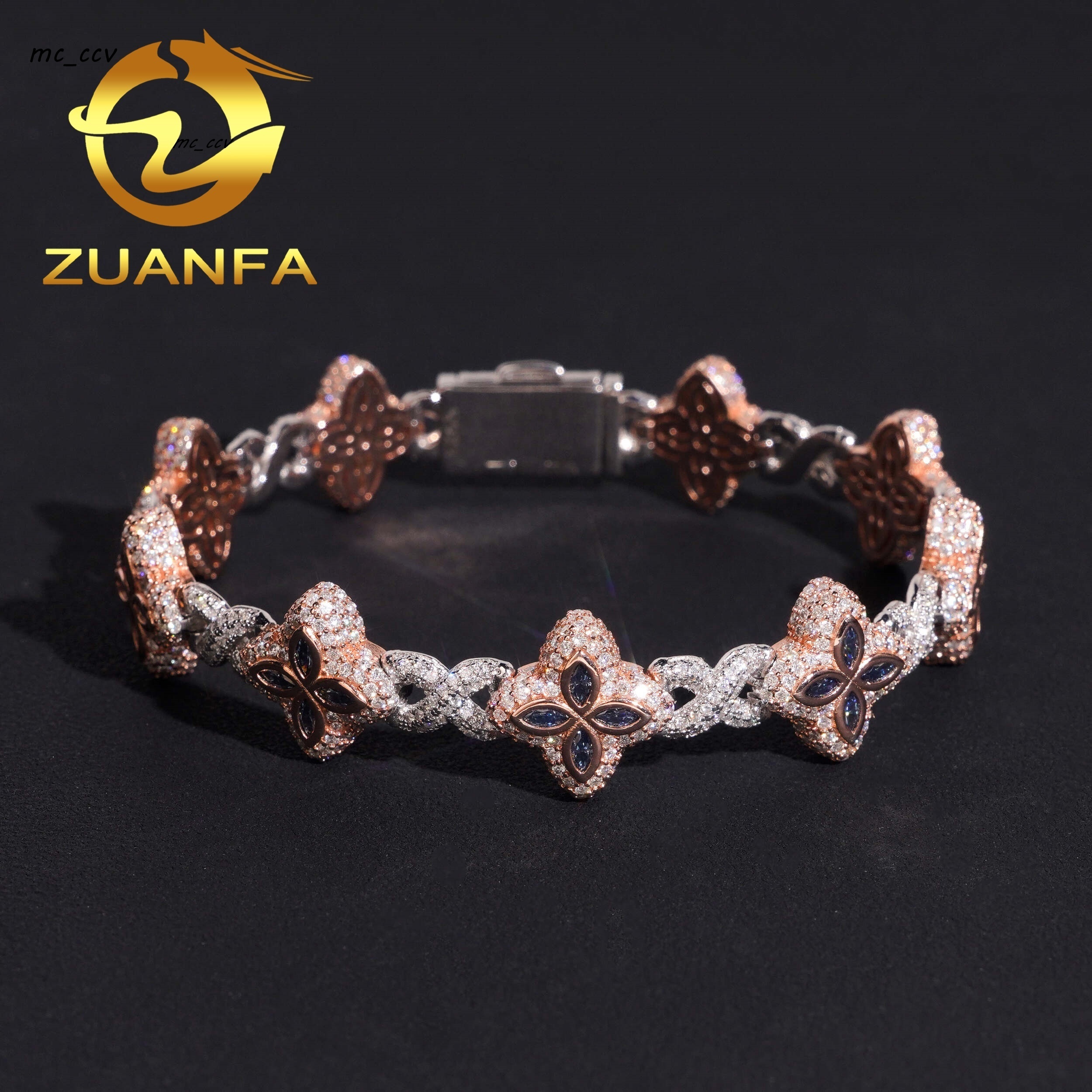 Hot Sale Pass Diamond Tester Hip Hop 15mm Two Tone Clover Flower 925 Silver Moissanite Bracelet