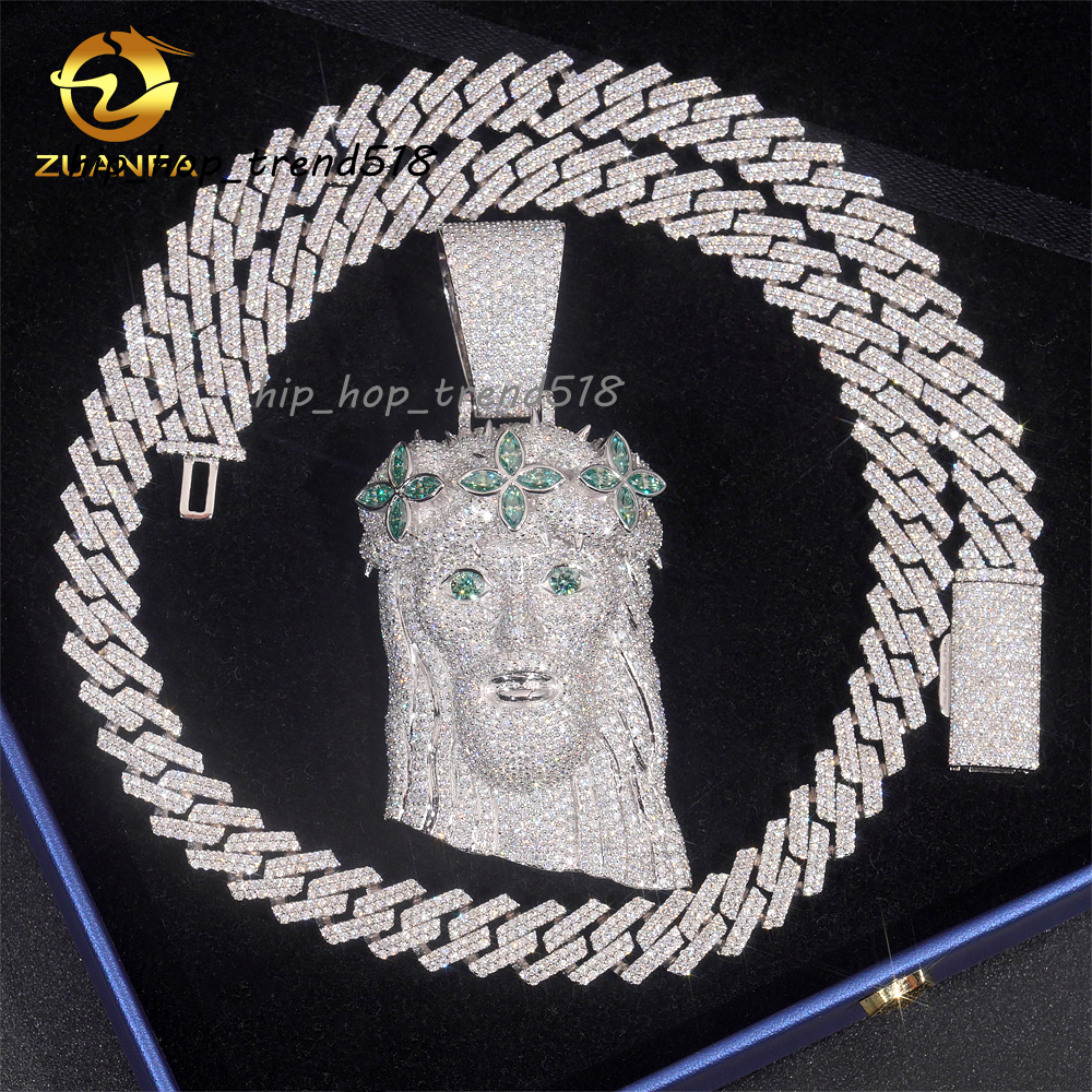 Hip Hop Style Blue Green Diamond Personalized 925 Silver Moissanite Jesus Head Pendant