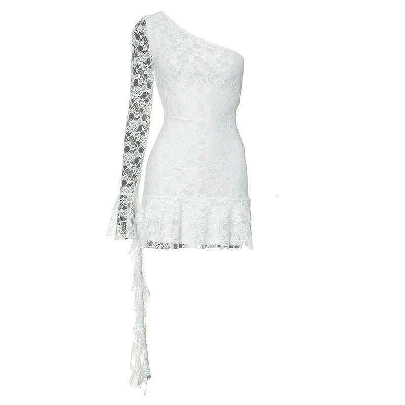 Women's Autumn New Fashion Single Shoulder Ruffle Ribbon Long Sleeve Short Dress