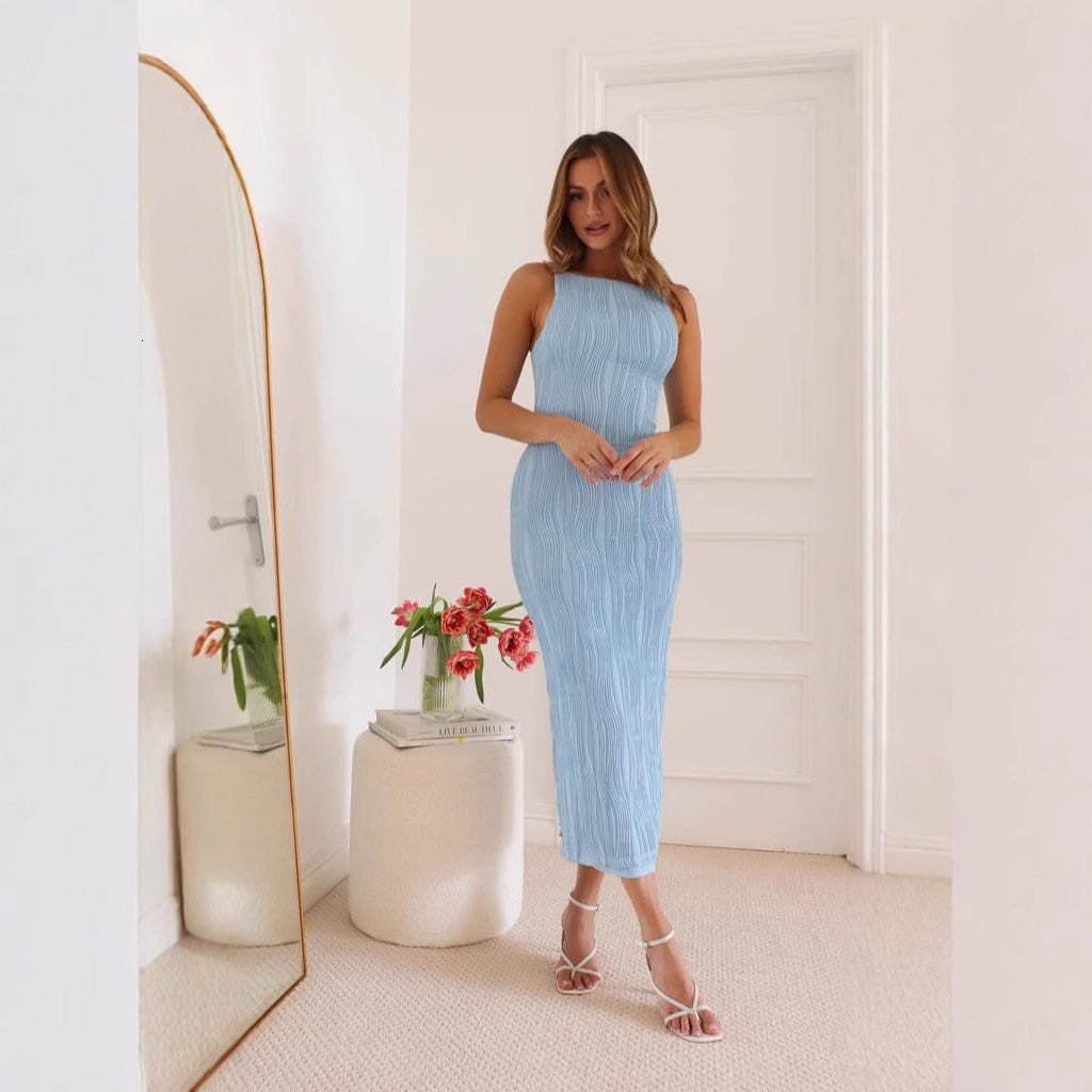 2025 Spring Summer Womens Backless Water Ripple Sleeveless Sexy Dress Slim Fit Bodycon Dress for Women