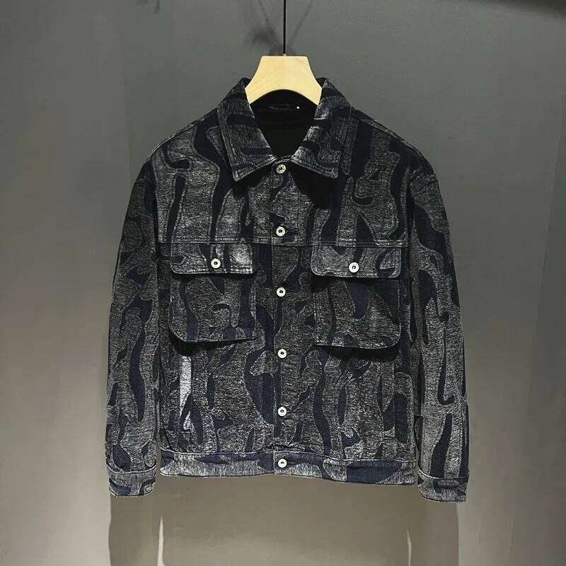 High-End American Loose Casual Leopard Print Denim Jaet Men's Haome INS Workwear ket Autumn Sle Cotton Polyes...