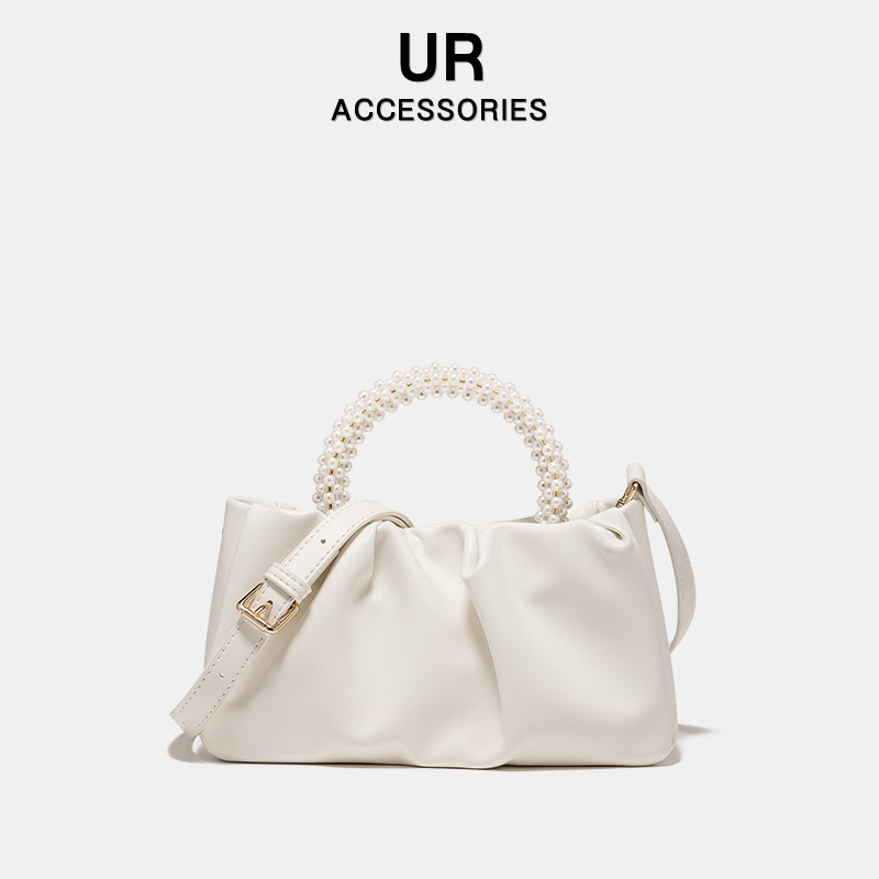 French Niche Pearl Handbag Cloud 2025 New Women's Crossbody Soft Leather Pleated Bucket Bag fashion Designer