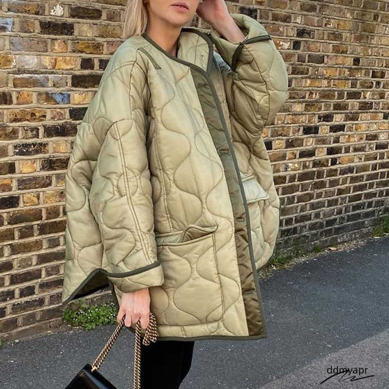 Women Army Green Winter Quilted Parkas Female Casual Long Sleeve Pocket Single Breasted Curved Hem Ddmydec Jacket Coat 211013 Ddmydec Ddmydec Ddmydec 