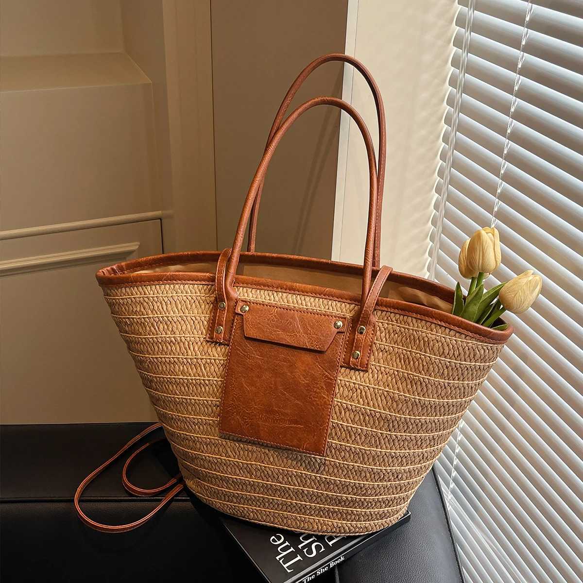 Shoulder Bag Forest Straw Bag Womens Seaside Vacation Woven Beach Bag Summer Handmade Bag New Style with Skirt Tote Bag Work Clothing to Work Bag Trav
