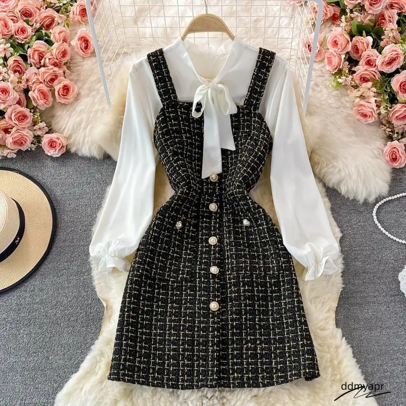 Elegant Chiffon Shirt Tweed Dress Sets Women Long Sleeve Lace Up Bow Shirts Vintage Sling Plaid Dresses Ddmydec Suits Oiffice Lady Y2k 240824