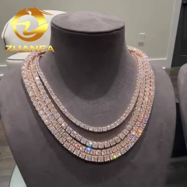 18K Real Rose Gold Plated High Quality Moissanite Tennis 925 Sterling Silver Lab Diamond Tennis Necklace Pass Diamond Tester