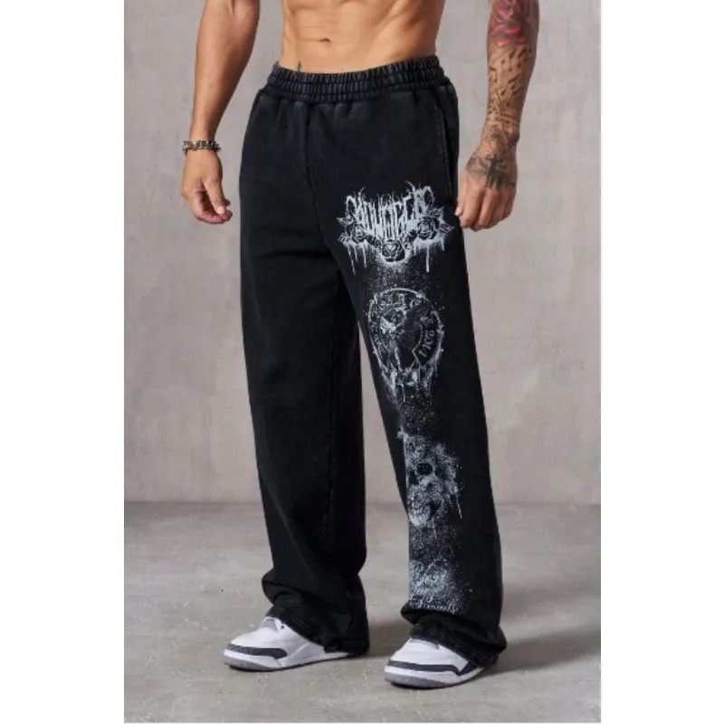 2025 Fitness Pants Youth Sportswear Pants American Style Trendy Pants Mens Printed Wide Leg Straight Leg Loose Pants250905