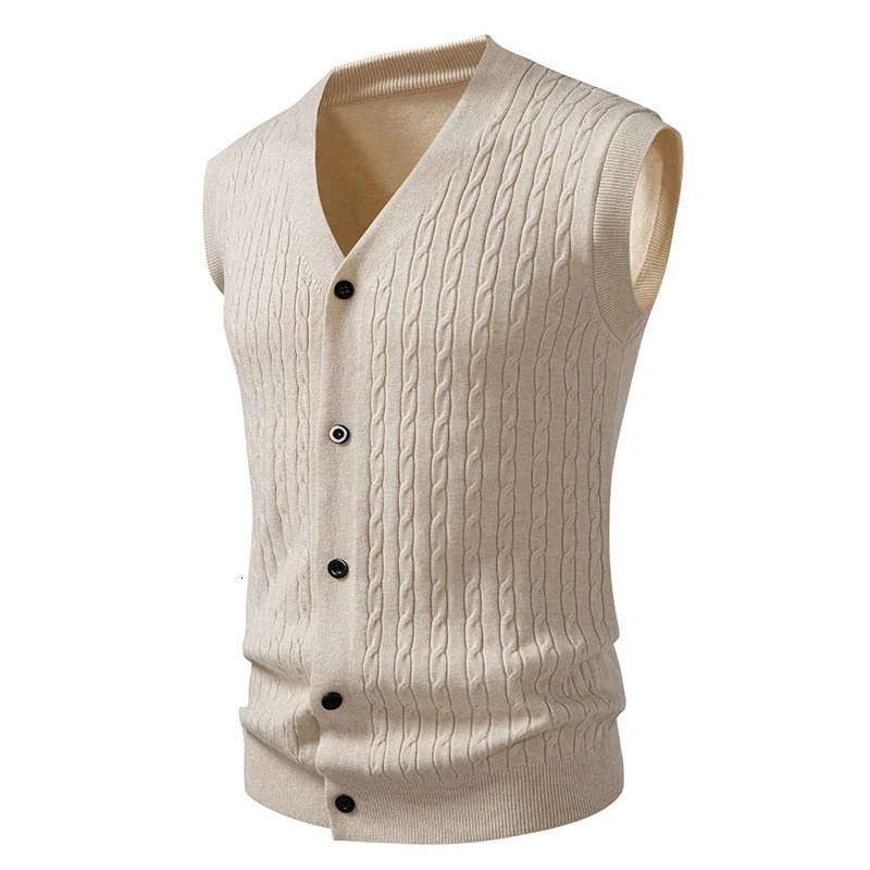 Autumn Mens Knit Sweater Vest V Neck Button Down Sleeveless Cable Cardigan Outdoor Business Lightweight Sweaters Vests 250905