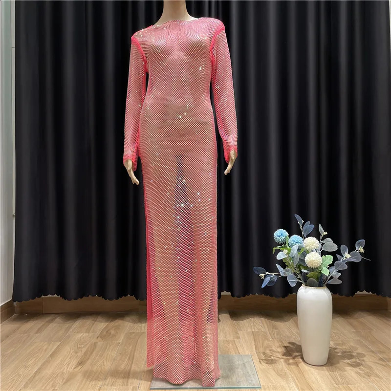 Sexy See Through Rhinestone Club Split Dress Women Crystal Glitter Evening Party Dresses Long Fishnet Beach Slash Neck Dress 250815