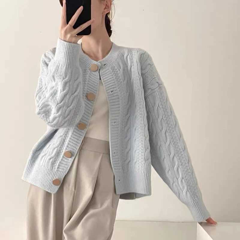 Korean Fashion Long Sleeve Womens Cardigan Knitted Jacquard Sweater Autumn Winter Solid Single Breasted Loose Versatile Tops Z250905