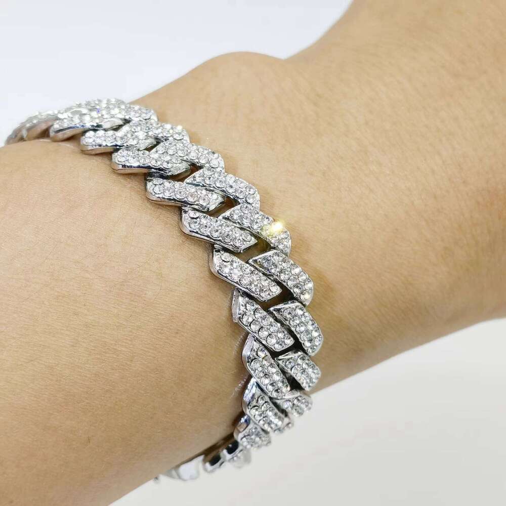 Wholesale Hip Hop Jewelry Bracelet 14 mm Dia Gold Plated Bling Rhinestone Cuban Link Chain Necklace