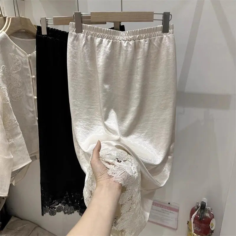 y Lace Patchwork Satin Skirt Women Elegant Club Party Skirts Office Lady Elastic Waist Slit ALine Midi Faldas Mujer 320A 250905