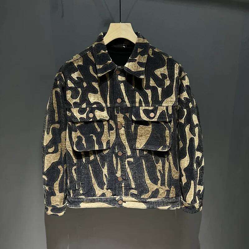 High-End American Loose Casual Leopard Print Denim Jaet Men's Haome INS Workwear ket Autumn Sle Cotton Polyes...