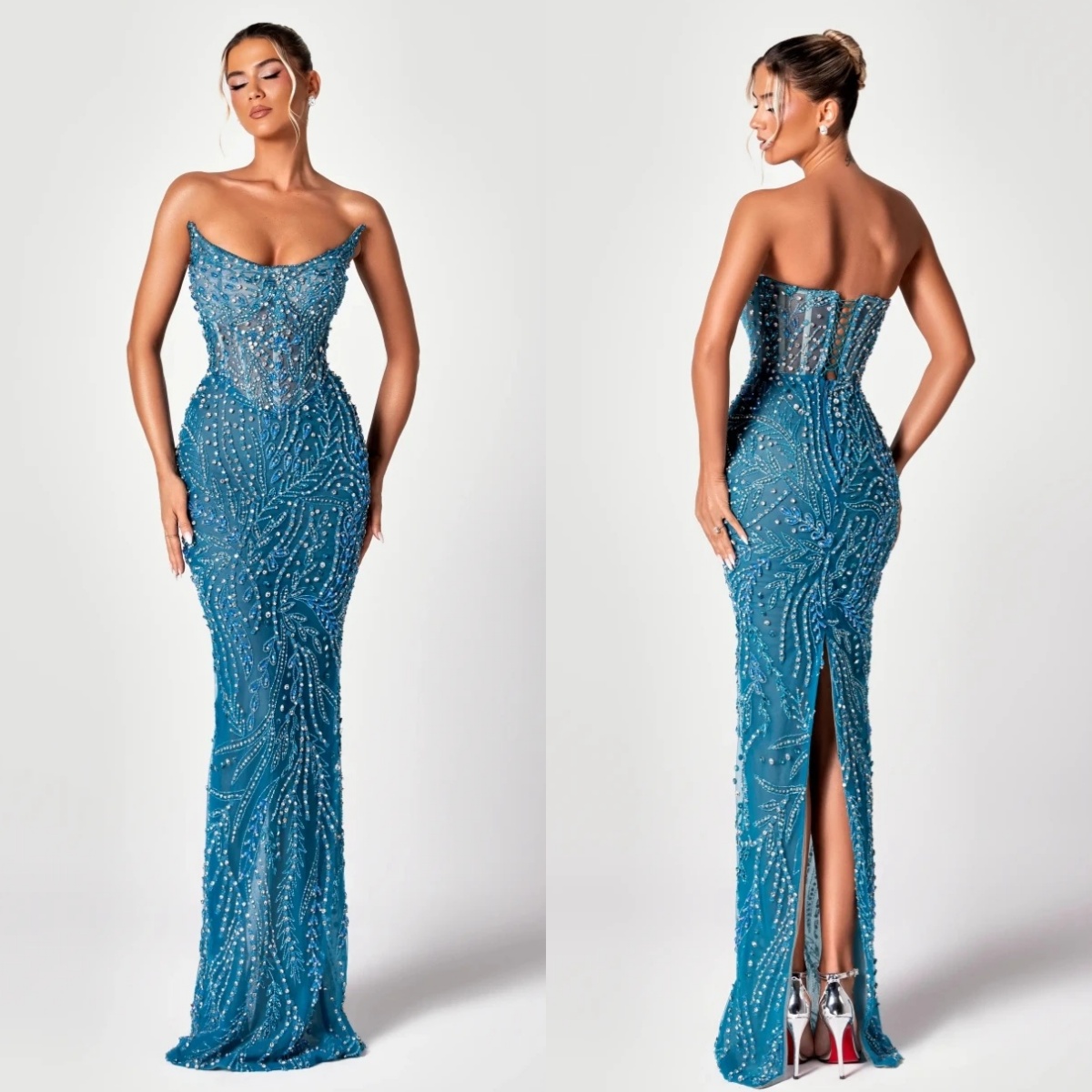 Elegant Rhinestone Evening Dresses Strapless Beading Prom Dress Sleeveless Illusion Split Mermaid Party Gowns Vestidos De Noche Plus Size