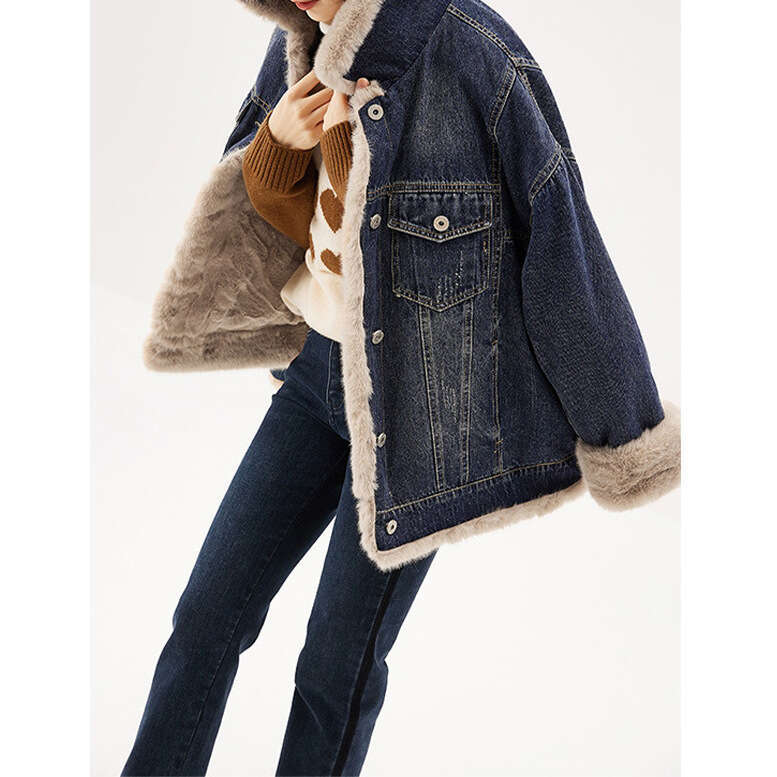 Thickened Furry Coat Short Fleece-Lined Women's Clothing Imitation Shearling Denim Jacket Winter New Style B5