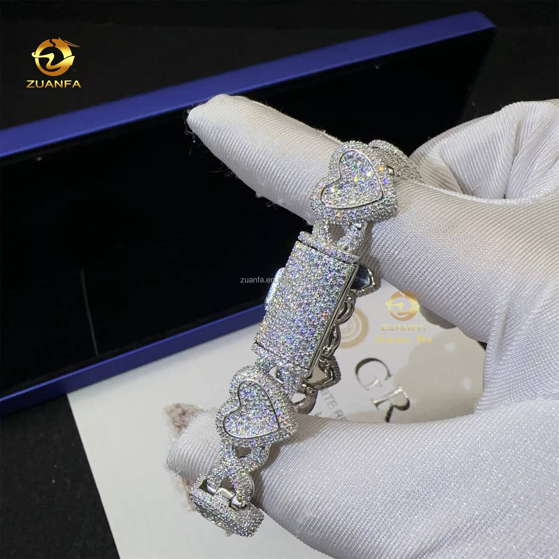 GRA Certificate Prong Setting Rhodium Plated White Iced Out Jewelry VVS1 Moissanite Diamond Heart Shape Hip Hop Cuban Bracelet