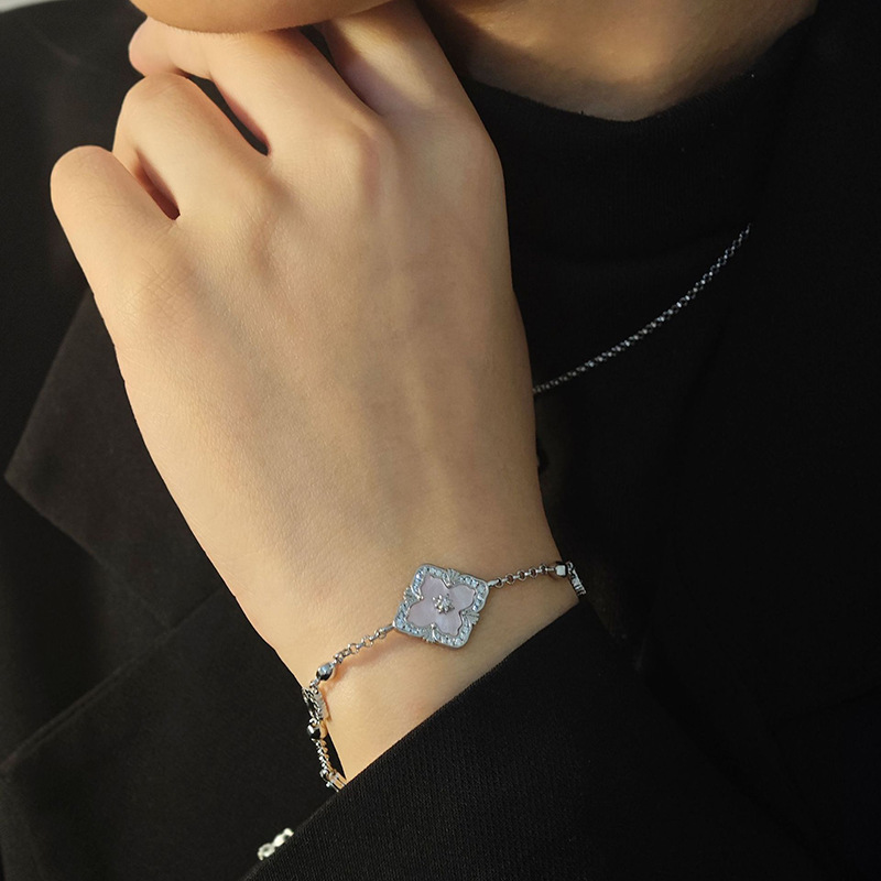 Silver Tone Bracelet With Mother-of-Pearl Four-Leaf Clover Motifs & Crystal Detail Elegant Luxurious Style Daily & Special Occasion Wear Gift For Her 