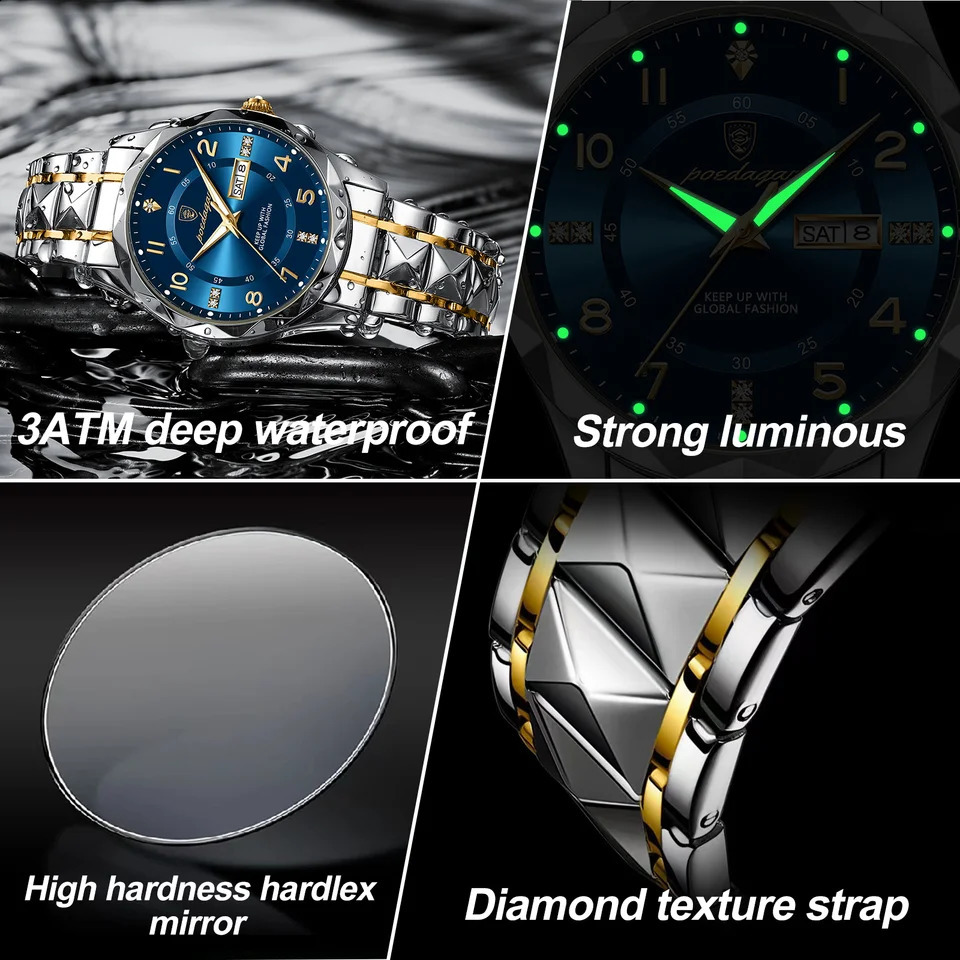 POEDAGAR Men Quartz Watch Waterproof Date Week Luminous Wristwatch Stainless Steel Mens Watches Male Clock Sports Reloj 250828