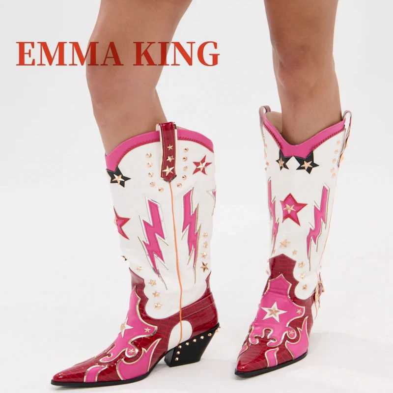 Red Multi Western Cowboy Boots Pointed Toe Block Heel Knee High Boots Female Metallic Star Studs Party Dress Shoes Runways Shoes