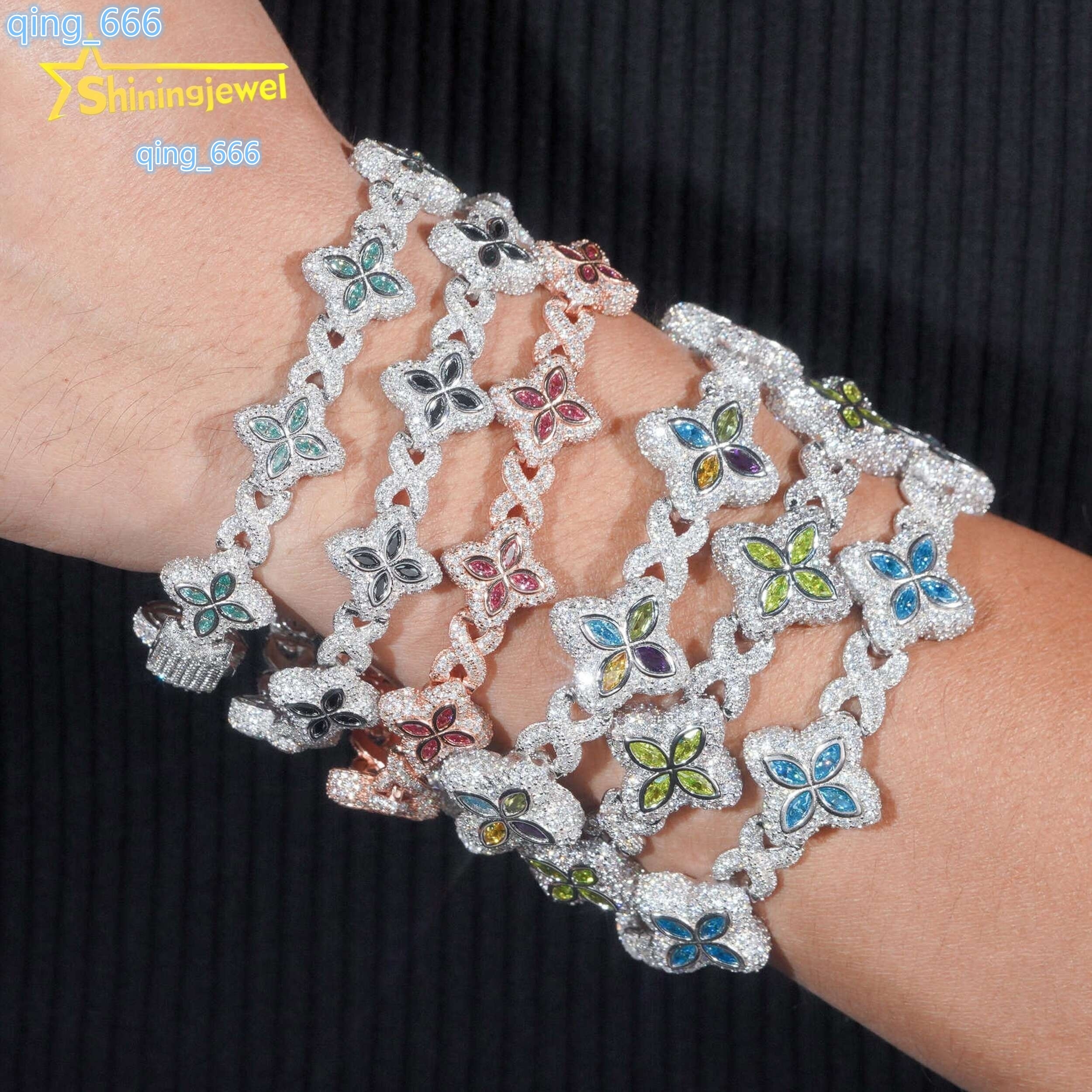 Designer bracelet Hot Sale Fine Jewelry Hip Hop Color Diamond 925 Sterling Silver Iced Out Clover Moissanite Bracelet