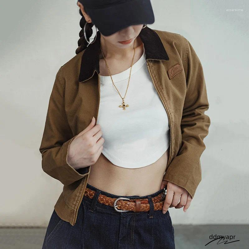 Bomber Ladies Women's Khaki Canvas Workwear Jacket With Turn-Down Collar ddmyday - Slim Fit Lightweight Spring Autumn Coat ddmyday ddmyday ddmyda