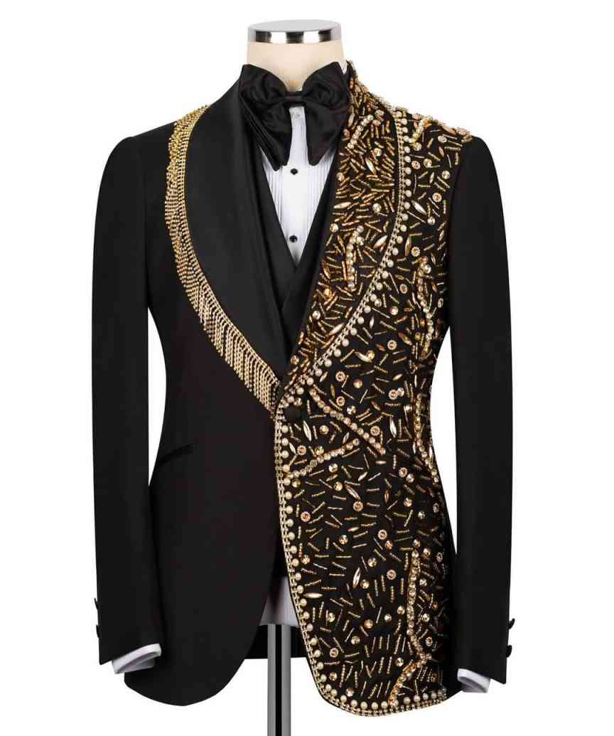 Luxurious 2 Pieces Men Suits Shawl Lapel Single Breasted Tuxedos Crystals Beading Prom Male Party Customized Outfits
