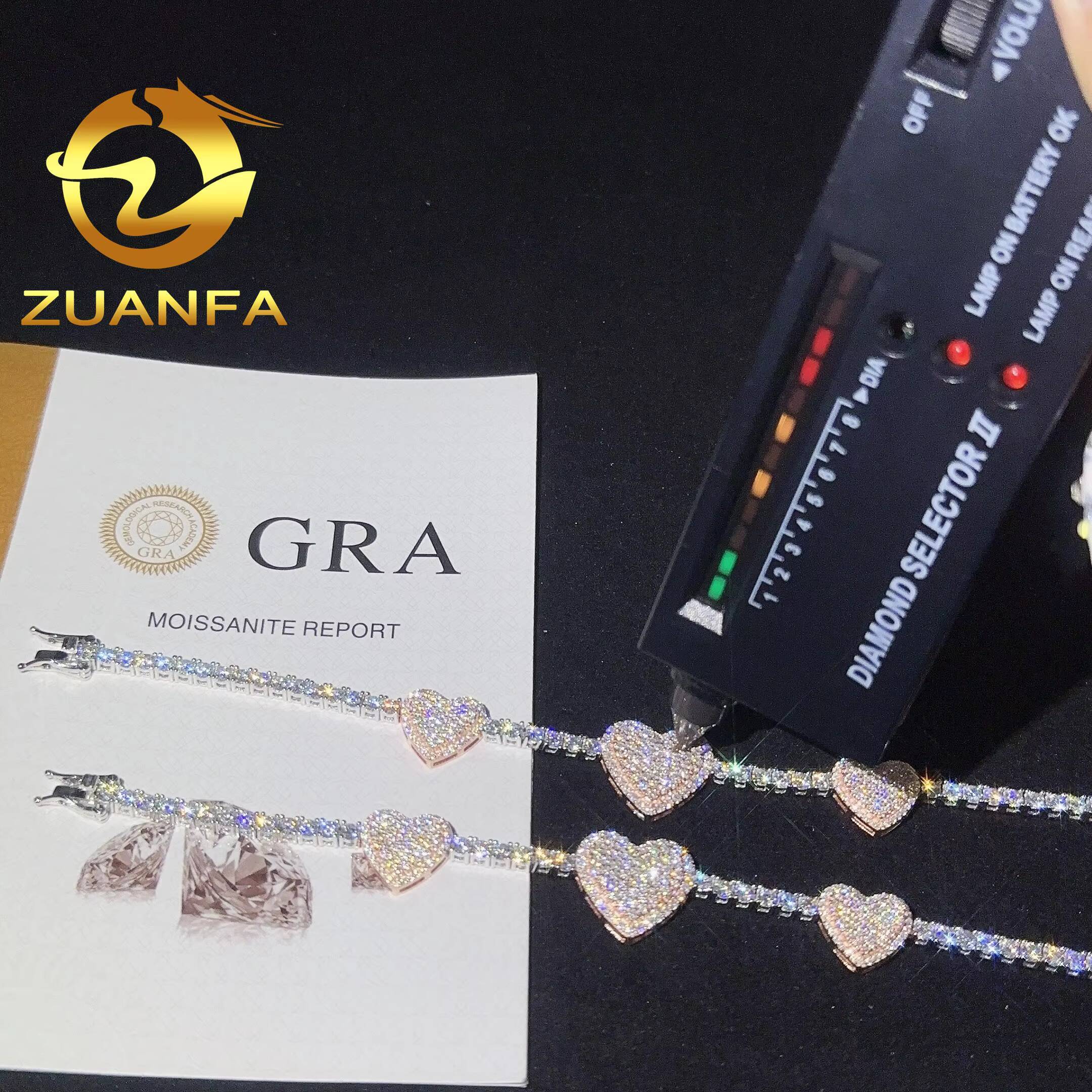 Trendy Rapper Hip Hop Jewelry VVS 3mm Moissanite Tennis Chain Bracelet With 3 Heart Silver 925 Iced Out Bracelet Best Gift