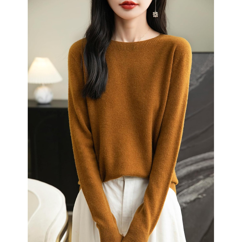 Women's 100% Merino Wool 2025 Fall Winter First-Line Ready to Wear Long Sleeve Seamless Knit Crewneck Sweater