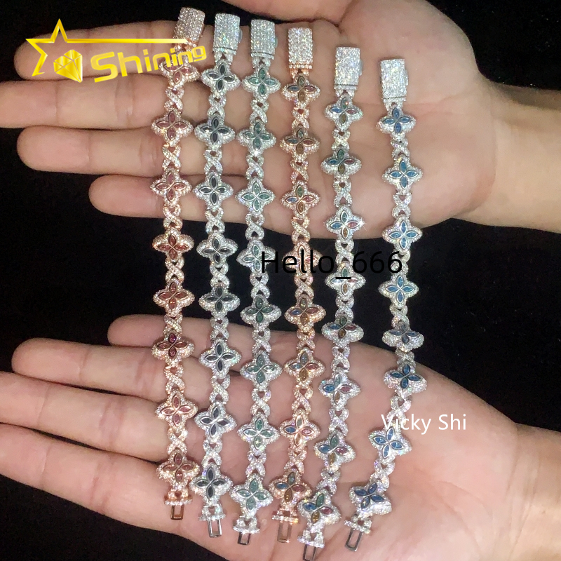Hot Selling 15MM 925 Sterling Silver Cuban Clover Bracelets Iced Out Hip Hop Infinity Colored Moissanite Cuban Bracelet