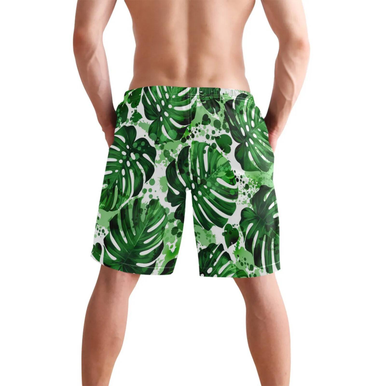 2025 Men's Summer Beach Shorts Tropical Palm Leaves Print With Pockets Casual BoardShorts Vacation Holiday Beachwear Masculina