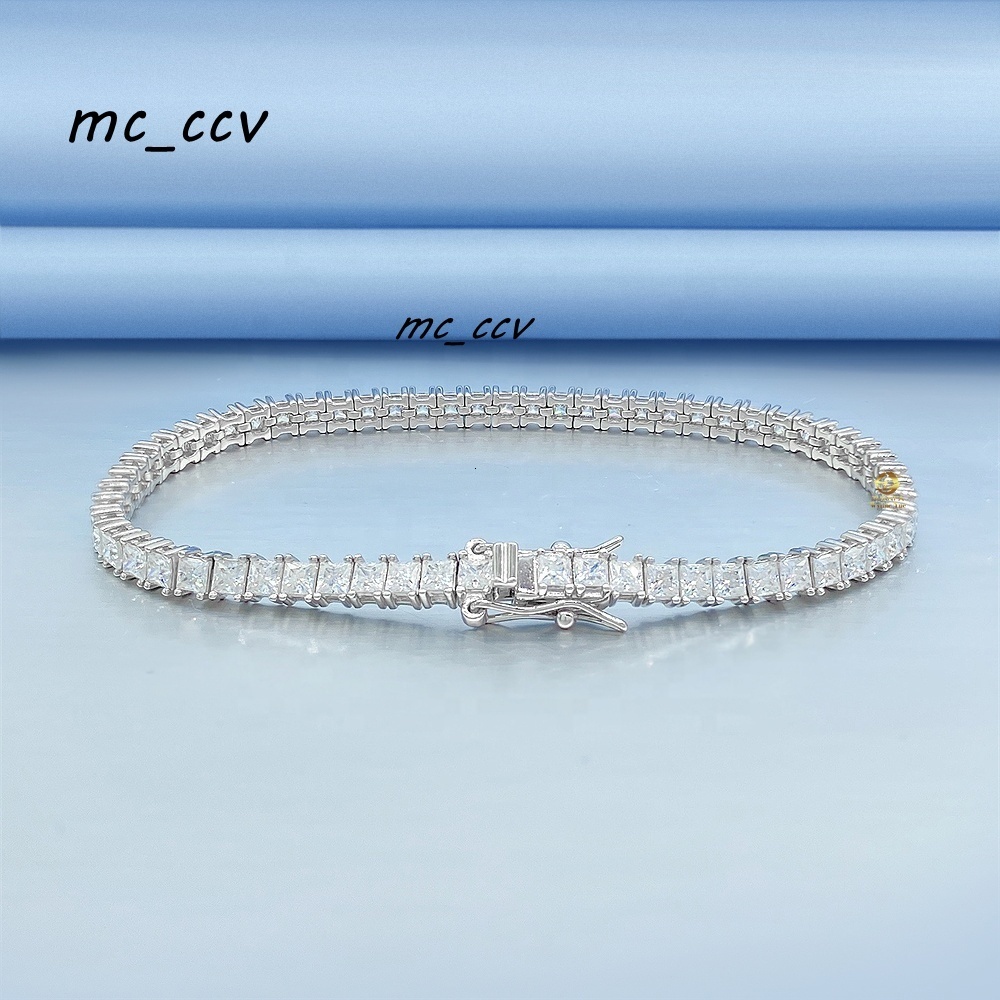 Large Stock Iced Out 25mm3mm Princess Moissanite Diamond 925 Sterling Silver Tennis Bracelet