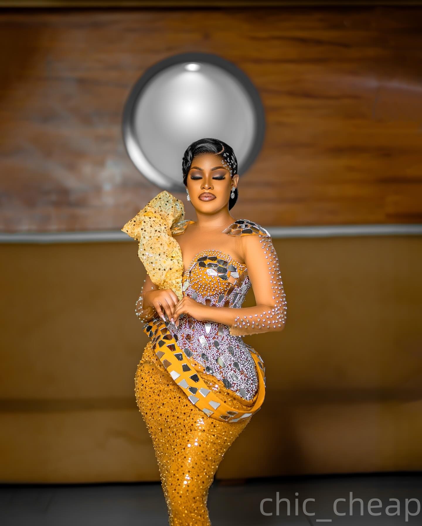 Aso Ebi Yellow Mermaid Prom Dresses 2025 Beaded Crystals Sequined Full Sleeves African Evening Formal Party Second Birthday Engagement Dress Gowns rob
