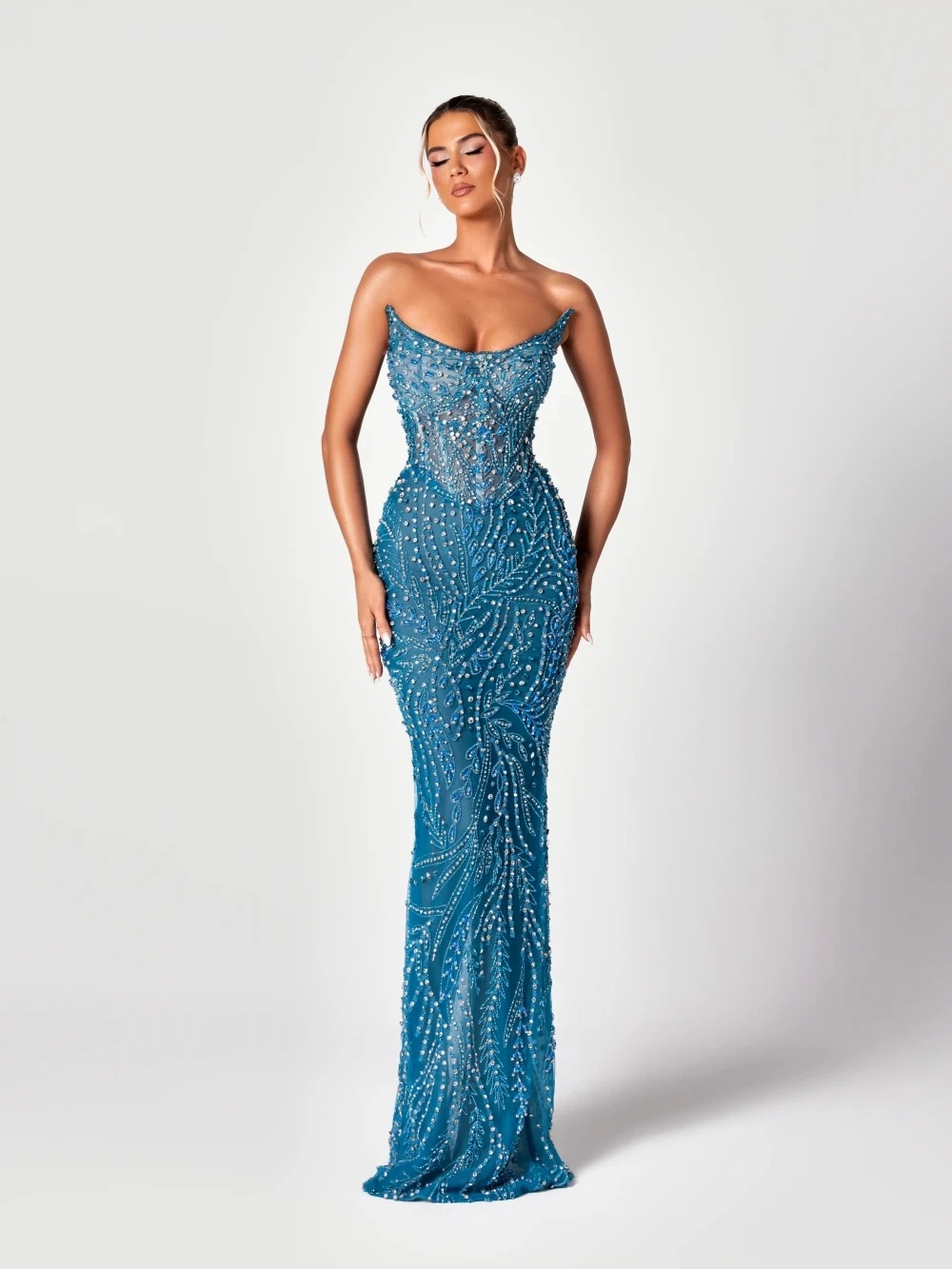 Elegant Rhinestone Evening Dresses Strapless Beading Prom Dress Sleeveless Illusion Split Mermaid Party Gowns Vestidos De Noche Plus Size