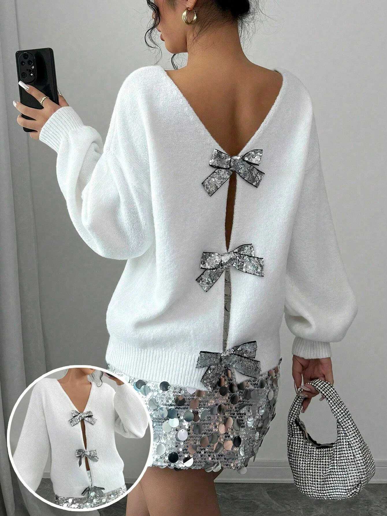 Autumn and Winter New Fashion Woman Sweater Sequined Bow Trim Loose Long Sleeve Niche Knit Cardigan Z250905