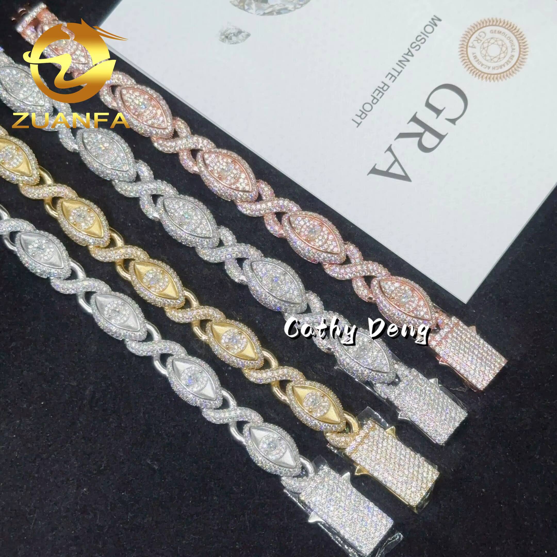 13MM New Arrival Hip Hop Jewelry Iced Out Men Cuban Bracelet Evil Eye 925 Silver Moissanite Bracelet Spring Box Pass Tester