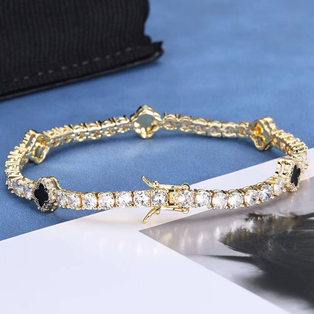 New Arrival Hiphop Style 4mm Gold Plated Black Clover Tennis Chain Bracelet with Diamond Fashion Jewelry Gift for Women