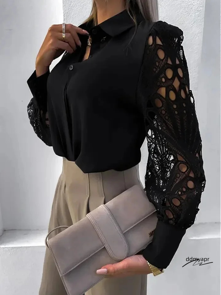 White Sexy Lace Hollow Out Women Blouse Autumn Spring Black Top Vintage ddmyday Button Up Shirts Long Sleeve Tops 250401