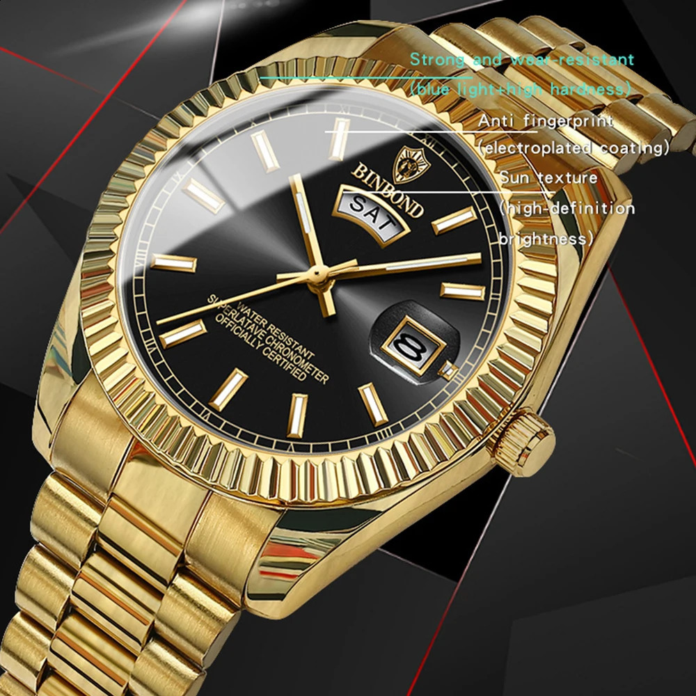 BINBOND Mens Quartz Watch Top Sports Watches Stainless Steel Waterproof Date Week Wristwatch Men Relogio 250828