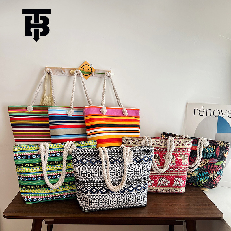 TB BHULAMTE Designer Luxury Bag Bag Cross-border New Canvas Large Capacity Tote Bag Ethnic Style Striped Thick Rope Shoulder Bag For Work Commute Hand