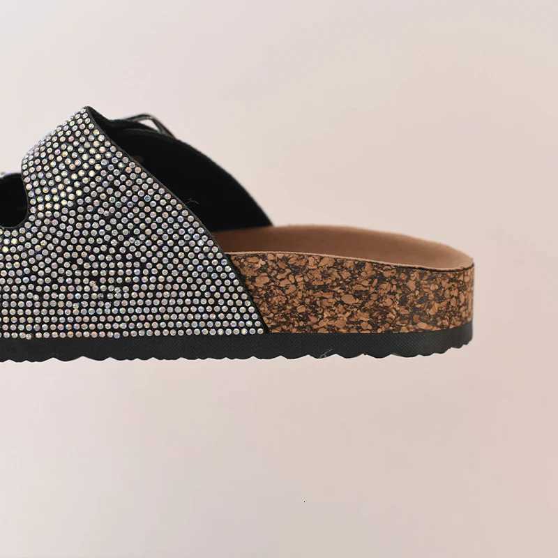 Fashion Imitation WoodGrain Sandals Women Diamond Sequins Double Buckle Womens Flat Slippers Fall and Winter New Shoes W250905