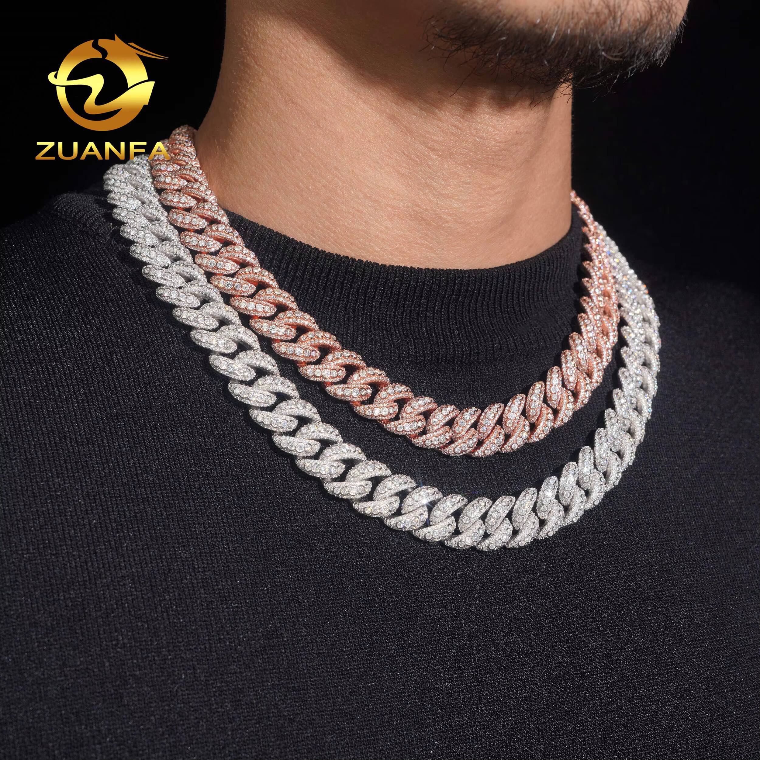 Trendy 15mm Moissanite Hip Hop Style Jewelry 925 Silver Necklace Iced Out VVS Moissanite Diamond Cuban Link Chain Bracelet