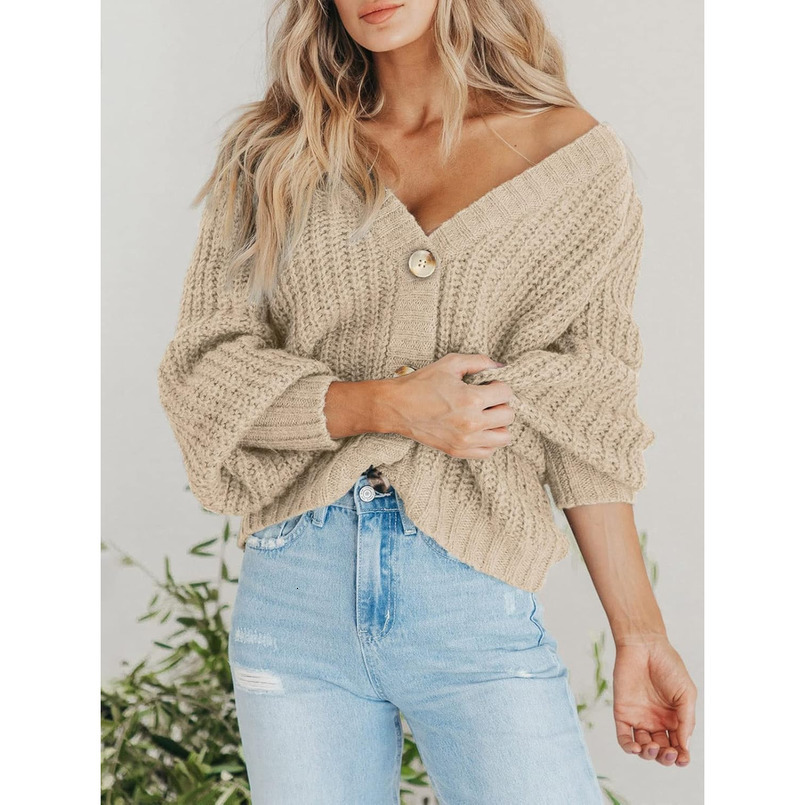 Women's Chunky Knit Open Front Sweater Long Sleeve Button Loose Short Cardigan Outerwear Coats