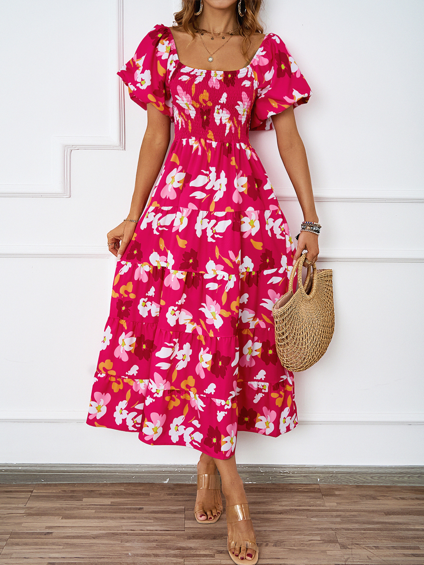 Summer New Elegant OffShoulder Printed Puff Sleeve Dress for Women