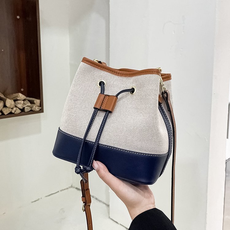 Women's Bag Foreign Trade New Canvas Color-block Handbag Bucket Bag Street Fashion Textured Drawstring Single Shoulder Crossbody Bag