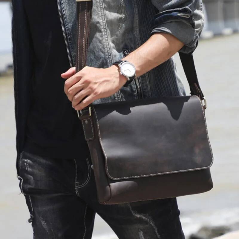 Men's Genuine Messenger A4 Vintage Crazy Horse Leather Shoulder Cowhide Magnetic Flap Laptop Crossbody Bag high-quality