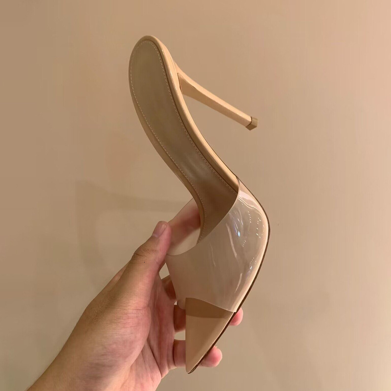 Sexy Women French Nude Shiny Patent Leather Pointed Peep Toe Shallow Slip On Slippers 5 8 10 CM Thin Heels Slide Party Sandals 240614