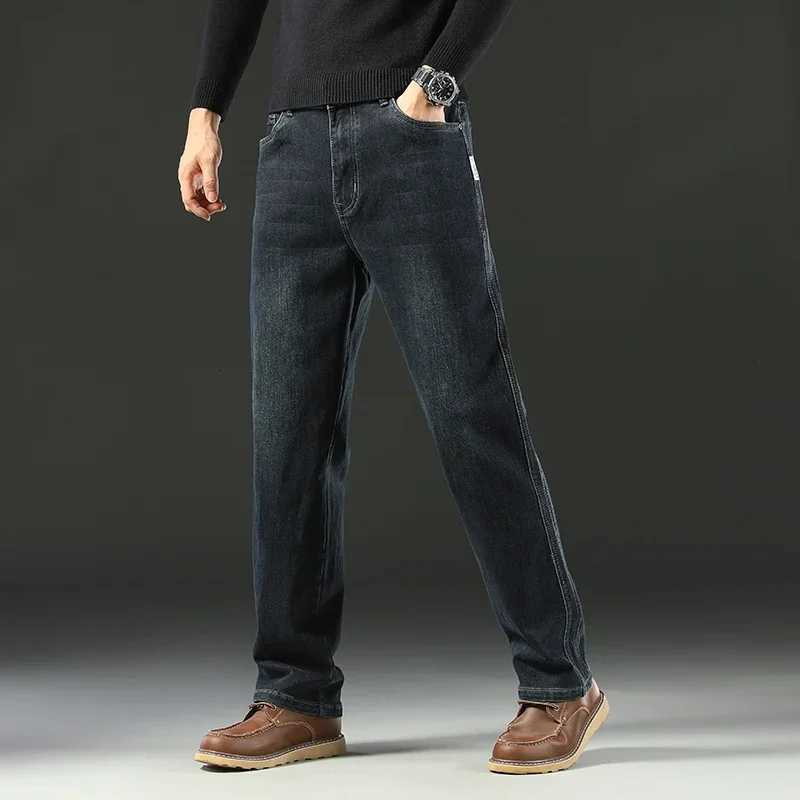 2025 Spring Splicing Mens Jeans Loose Straight Trousers High Waist Stretch Blended Cotton Washed Denim Pants Brand Clothes W250905